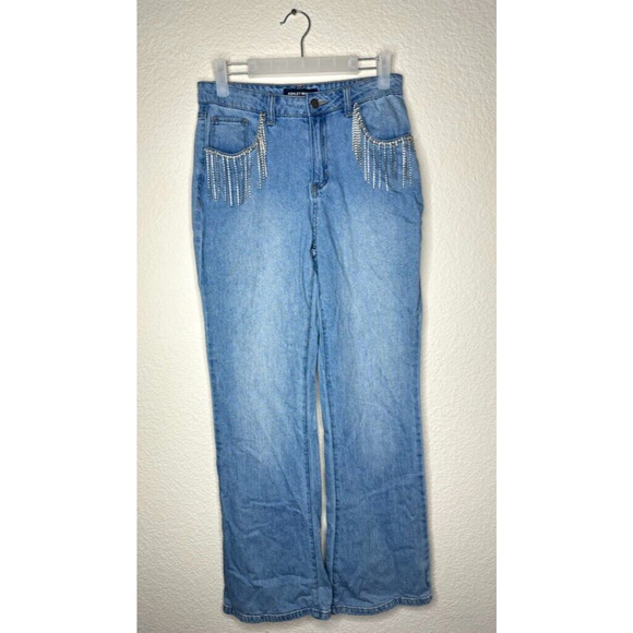 Y2K Ashley Mason Rhinestone Jeans Junior's Kacey Premium 3 Small 28" Blue Light - Picture 2 of 15